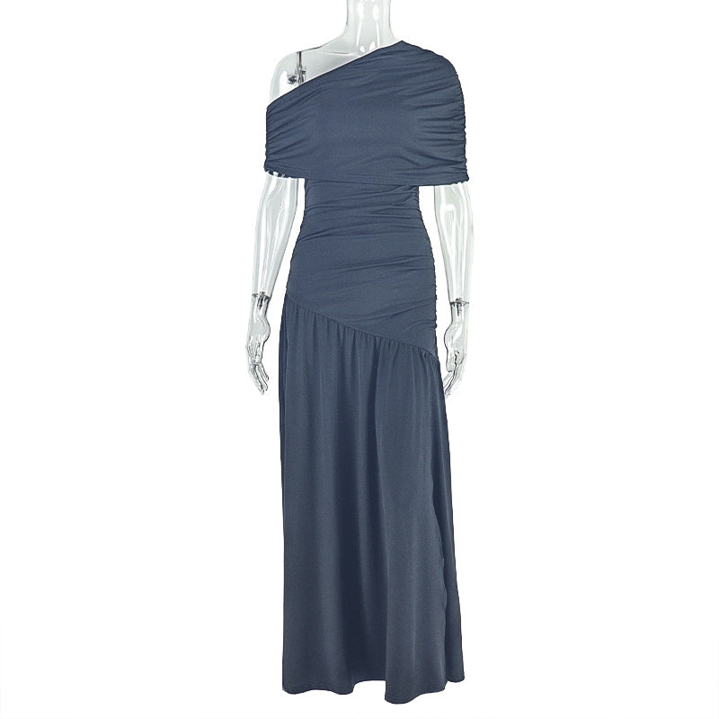 Fashion Asymmetrical Slash Shoulder Casual Slit Maxi Dress 8