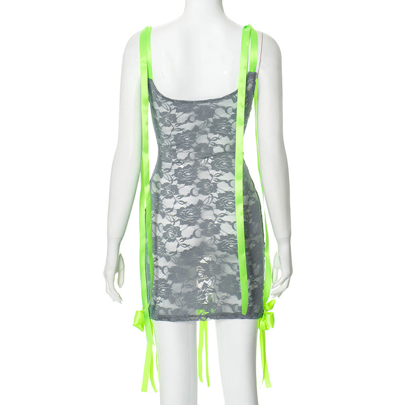 Women sexy See-Through hollow jacquard Lace tie dress 9