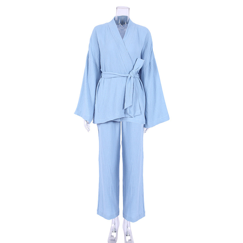 Spring Pajamas Sleepwear Long Sleeve Top Loose Trousers Ladies Solid Color Nightgown Home Absorbent Sweat Steaming Clothes Women 3