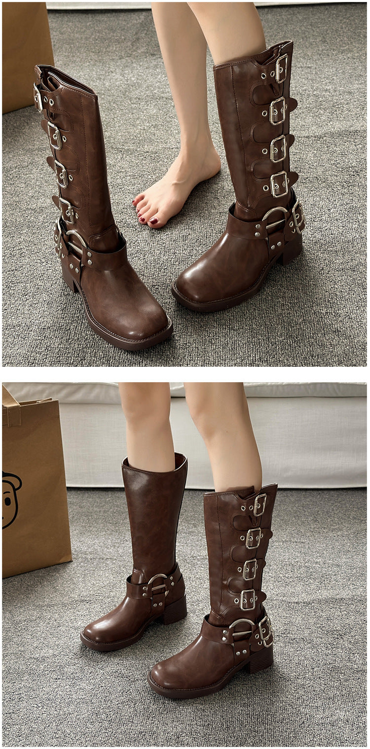 Women's Brown Knee-High Autumn Winter Leather Denim High Shaft Equestrian Boots 7