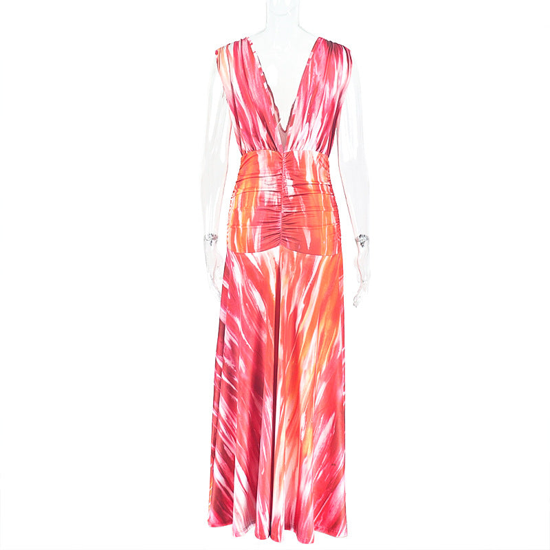 Spring Casual Women's Pleated Fashion Print V neck Slim Waist Loose Long Dress 7