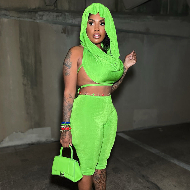 Spring Summer Hooded Top and Knee-Length Shorts Two-Piece Set for Women 4