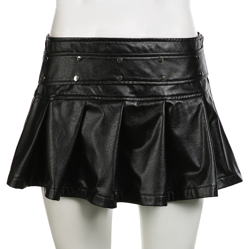 sexy zipper Slim Waist rivet pleated leather miniskirt 6