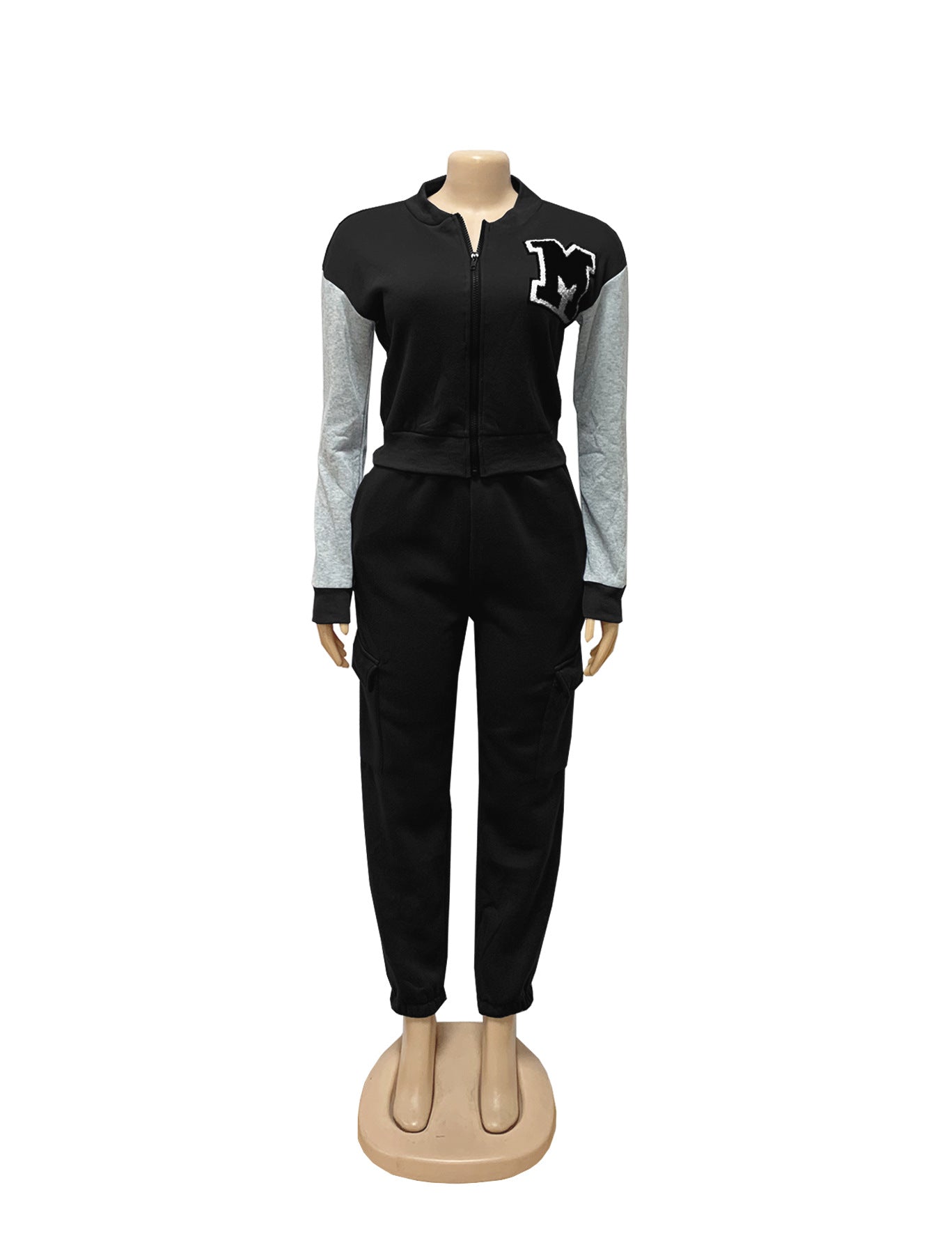 Women Casual Letter Printed Contrast Color Long Sleeve Zipper Top and Pants Two Piece Set 17