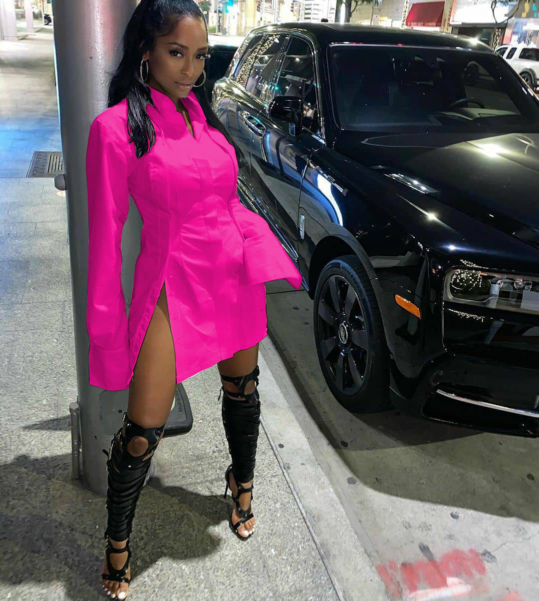 Women's Solid Color Single-Breasted Slit Long Sleeves Shirt Dress 10