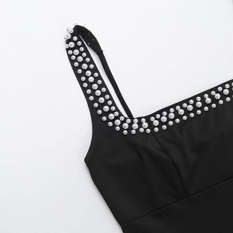 Women Slim Fit Solid Color Chic Pearl Bodycon Long Dress 15