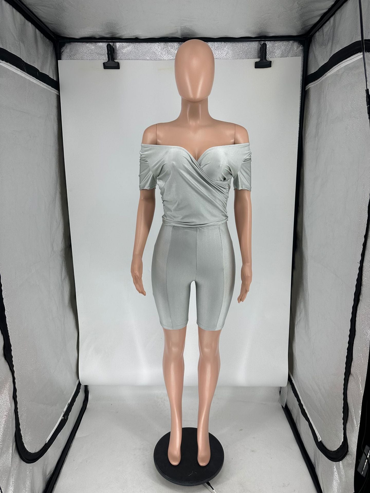 Women's Summer Cross V Neck Short Sleeve Top Elastic Shorts Casual Two Piece Set 27