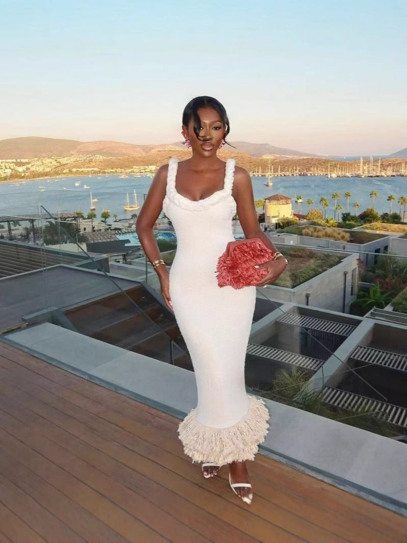 Women Fall and Winter Braided Cord Strap Bodycon Tassel Dress