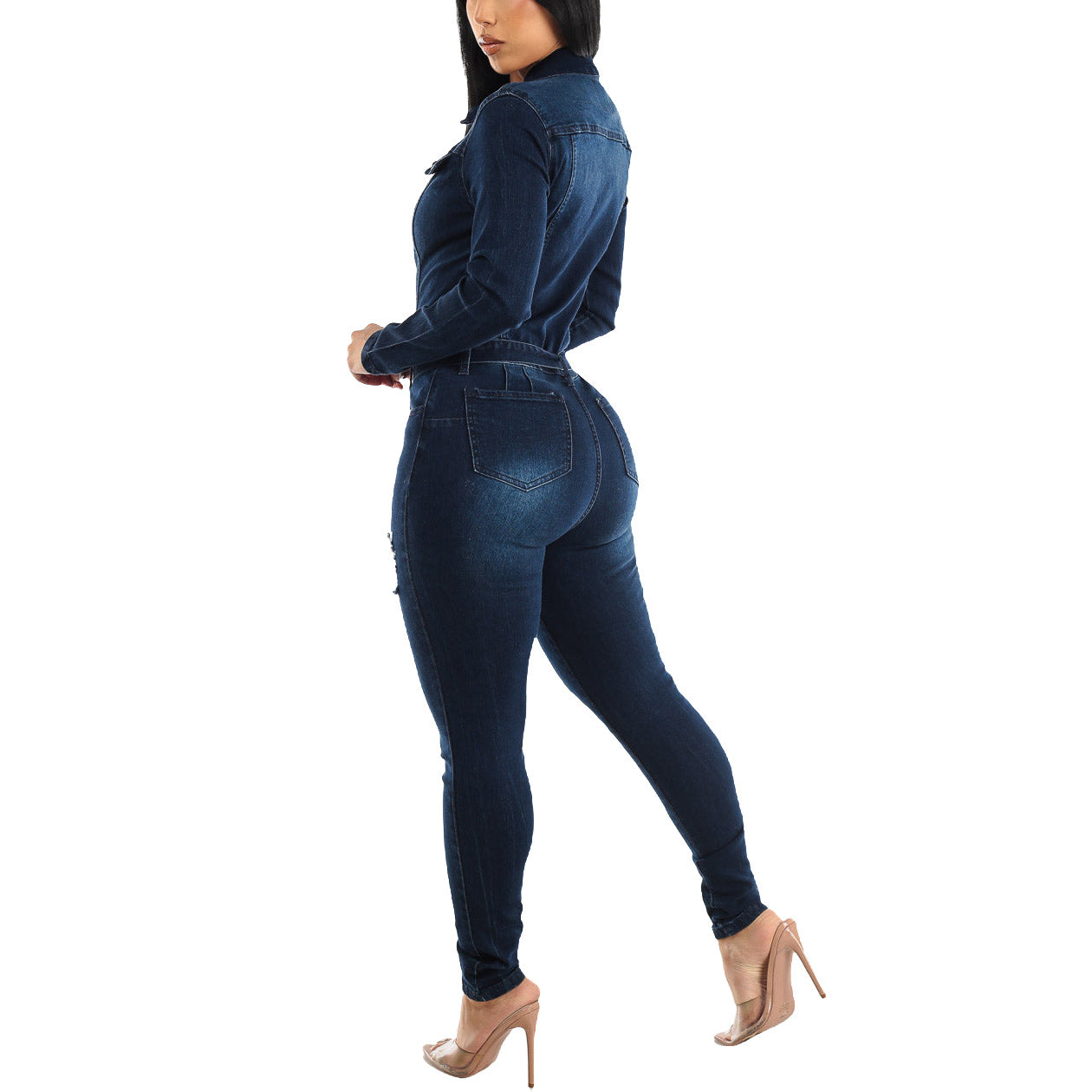 Women Stretch Ripped Washed Long Sleeve Denim Jumpsuit 5