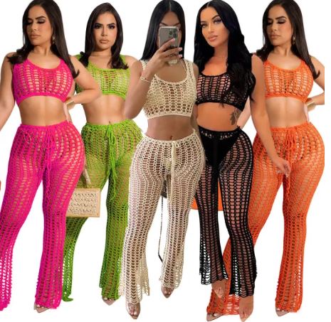 Bambam Women's Hollow Out See-Through Two-Piece Beach Style Mesh Sexy Fashion Two Piece Pants Set - BamBam