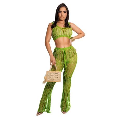 Bambam Women's Hollow Out See-Through Two-Piece Beach Style Mesh Sexy Fashion Two Piece Pants Set - BamBam