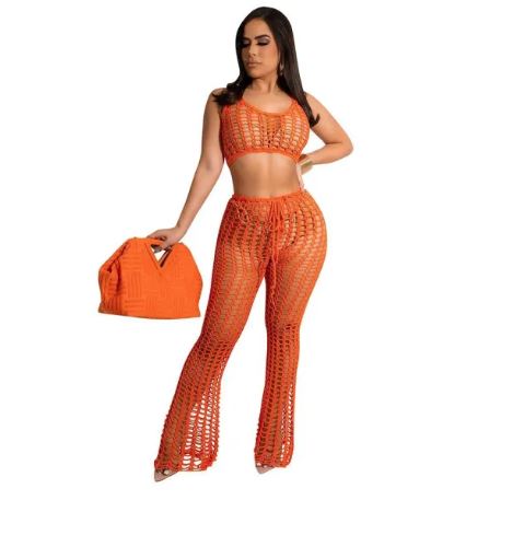 Bambam Women's Hollow Out See-Through Two-Piece Beach Style Mesh Sexy Fashion Two Piece Pants Set - BamBam