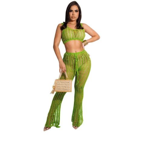 Bambam Women's Hollow Out See-Through Two-Piece Beach Style Mesh Sexy Fashion Two Piece Pants Set - BamBam