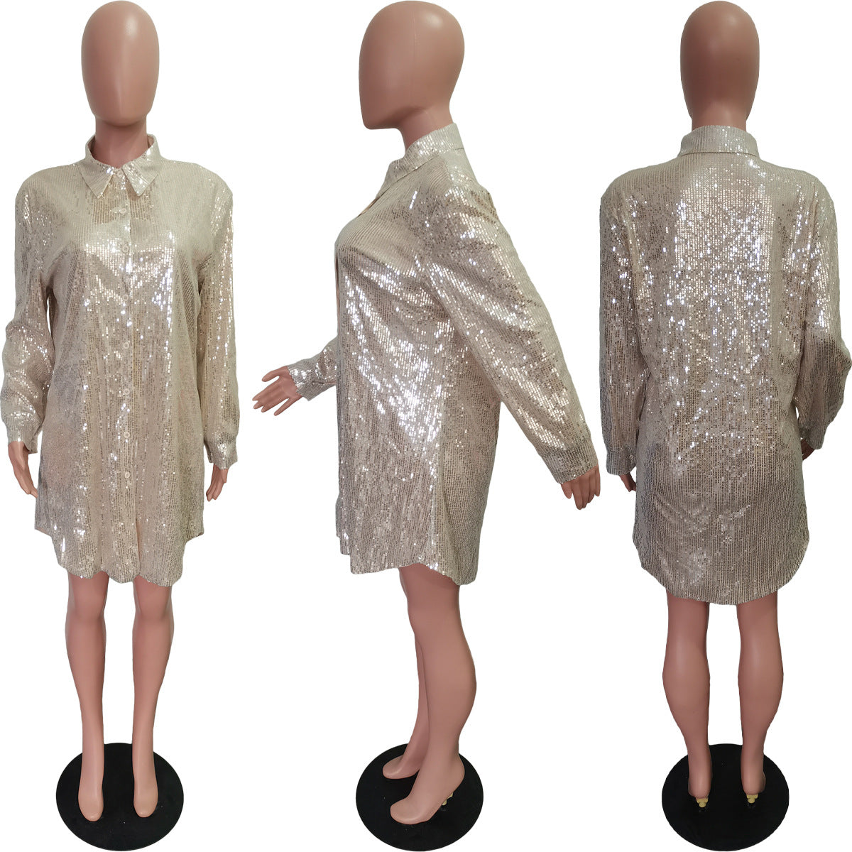 Women Solid Sequin Loose Shirt Dress 19