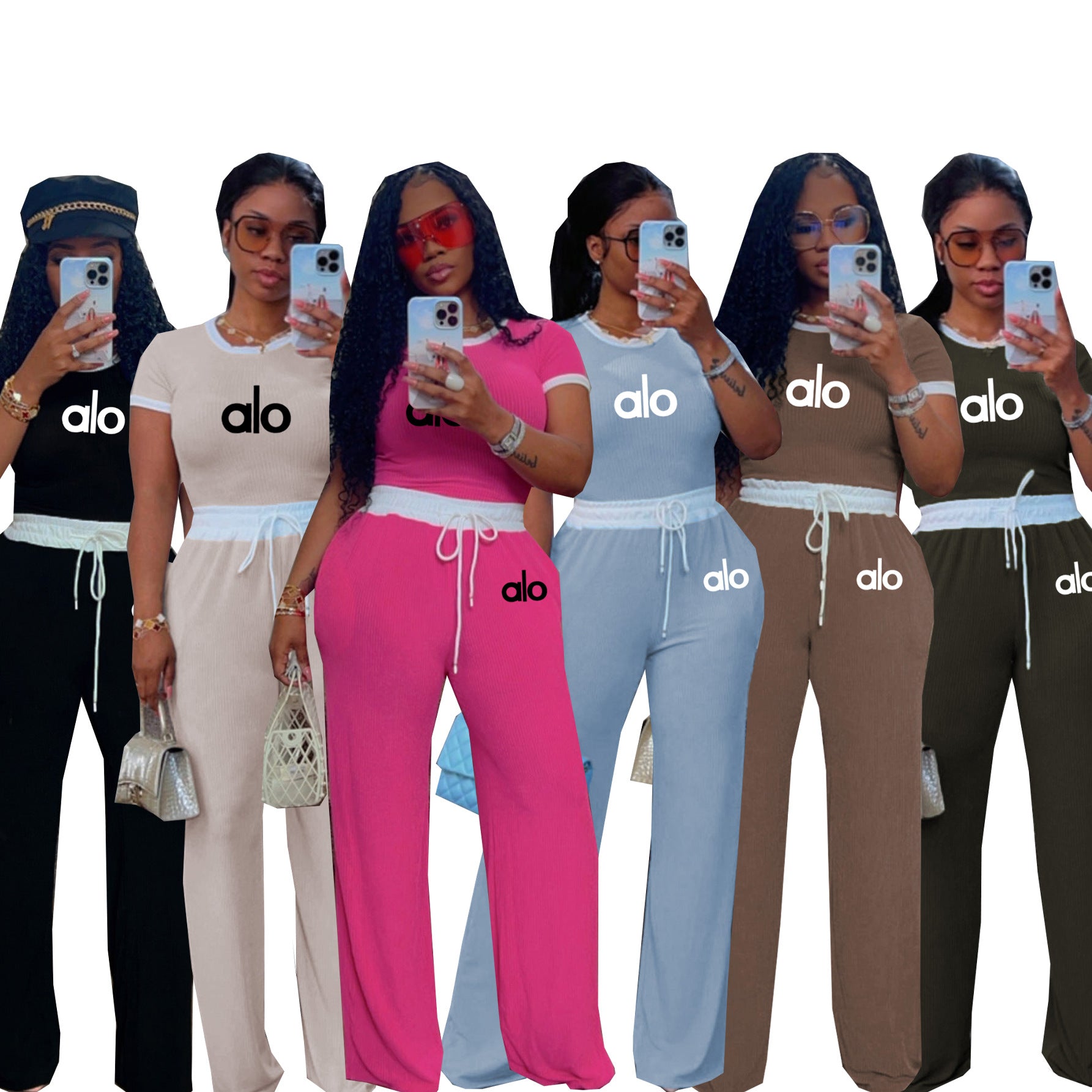 Women's Casual Street Rib Contrast Round Neck Short-Sleeve Two-Piece Pants Set 17