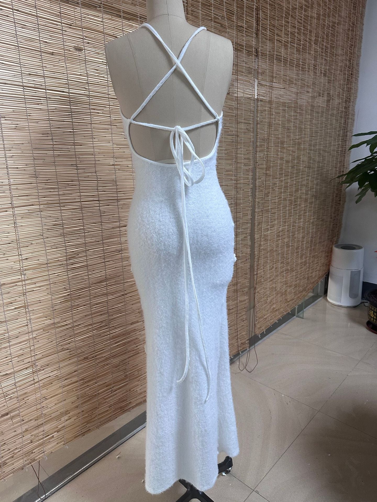 Women's Sexy Strap Knit Backless Flower Long Dress 10