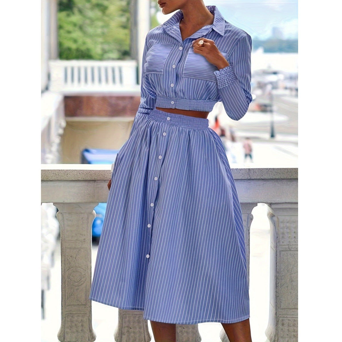 Fashion Casual Striped Long Sleeve Shirt Top Skirt Women Two Piece Set