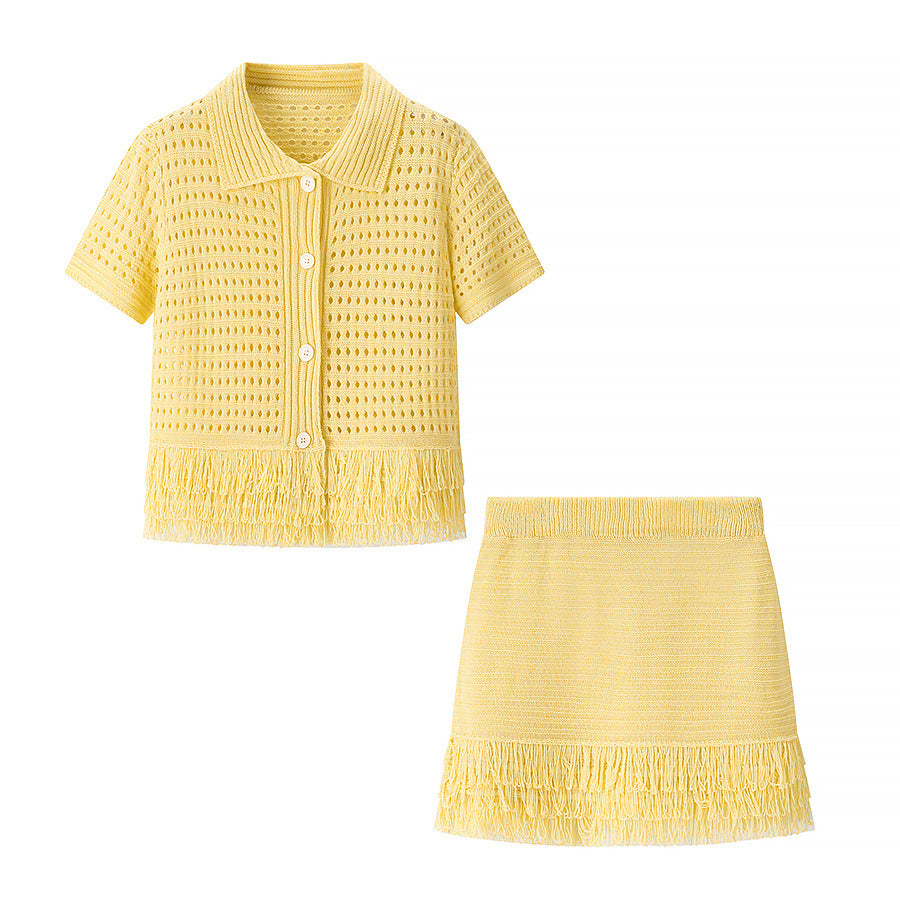 Women's Fringe Short-Sleeve Knit Jacket + High-Waisted Mini Skirt Set 6