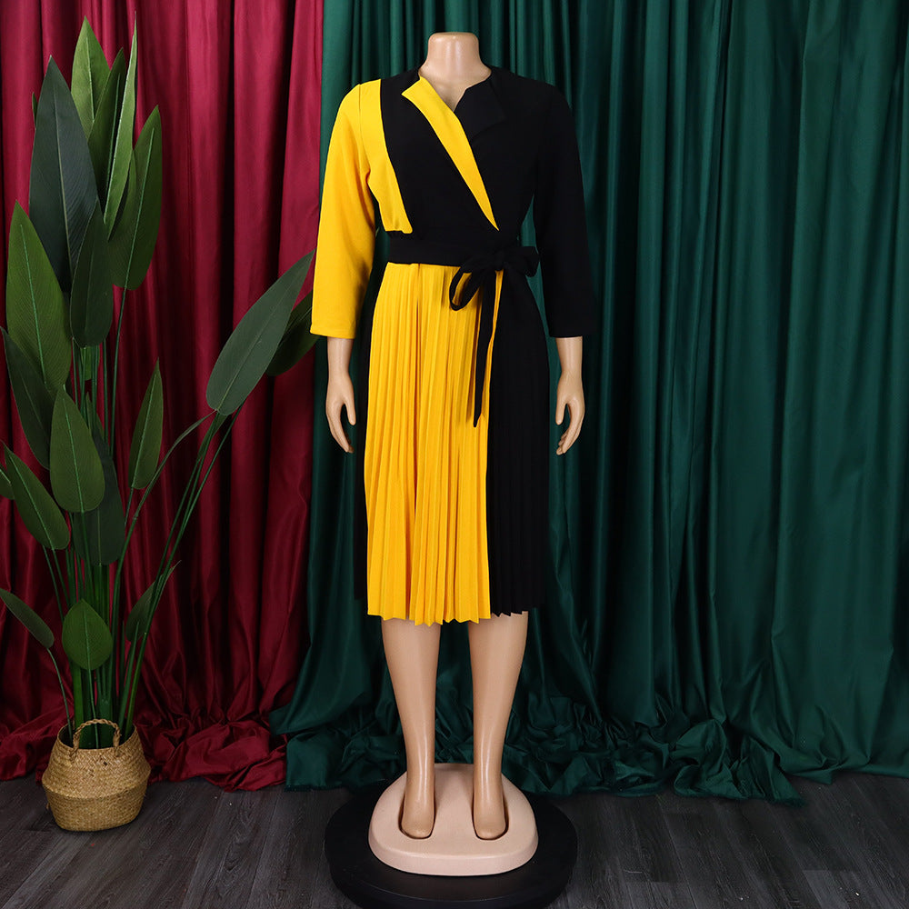 Africa Plus Size Women's Fashion Chic COLorblock Lace-Up Pleated Elegant Dress 15