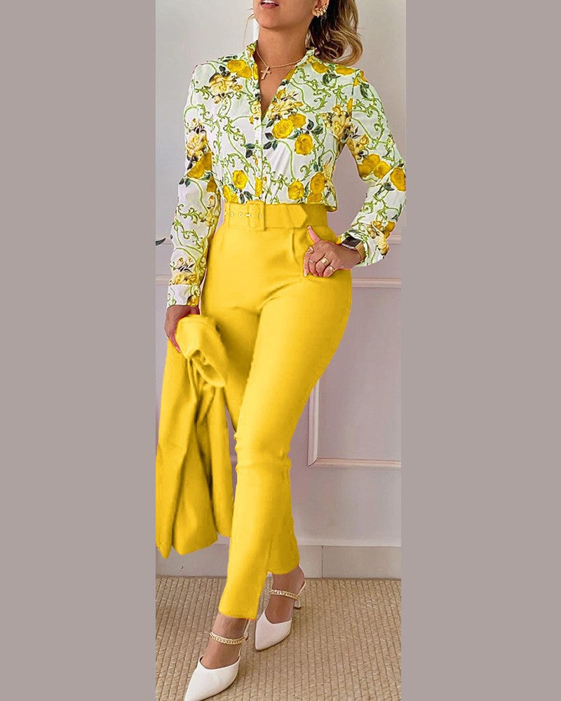 Spring Women's Clothing Long Sleeve Fashion Casual Printed Shirt High Waist Career Pants Set