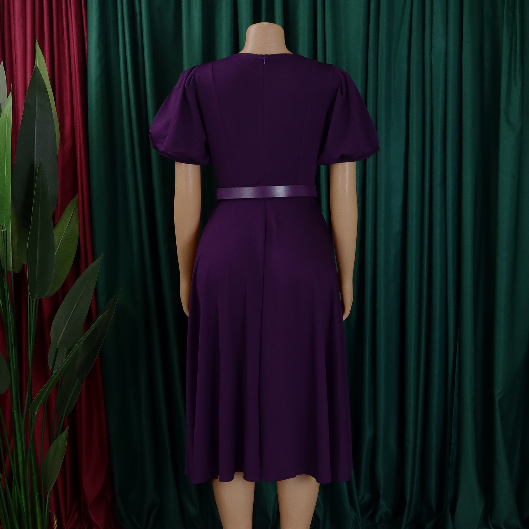 Women's Summer Trendy Puff-Sleeve Elegant High-Waist Solid Round Neck A-line African Dress 31