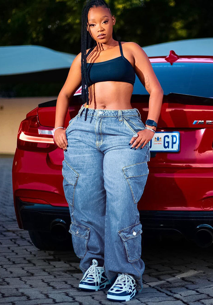 Fashion Light Blue Multi-Pocket Loose Denim Pants 3