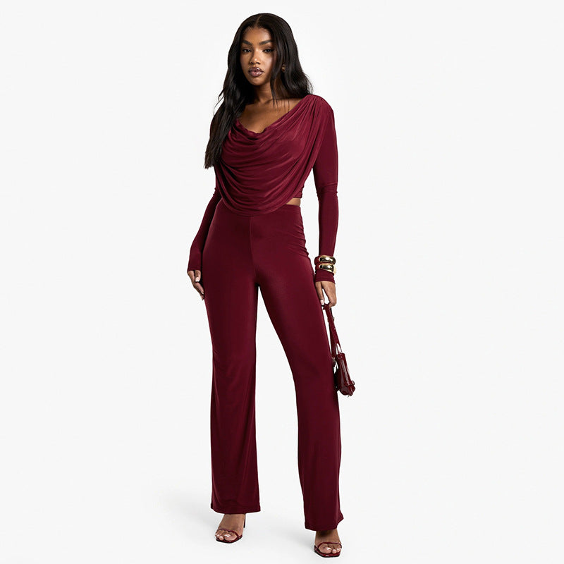 Women Fall Solid Casual Long-Sleeved Top and Pants Two-Piece Set 11