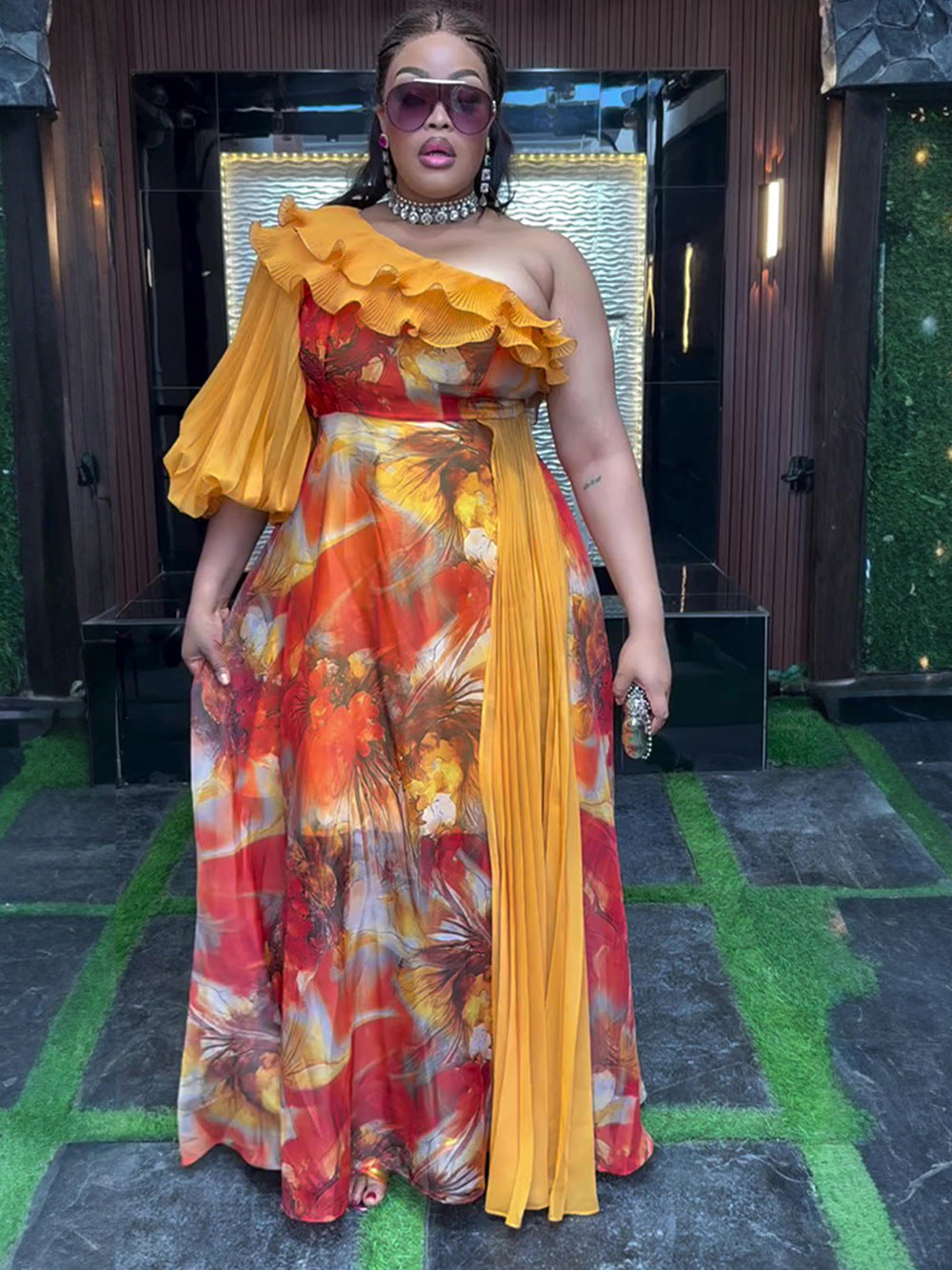 Plus-size African print off-shoulder spring/summer chiffon dress