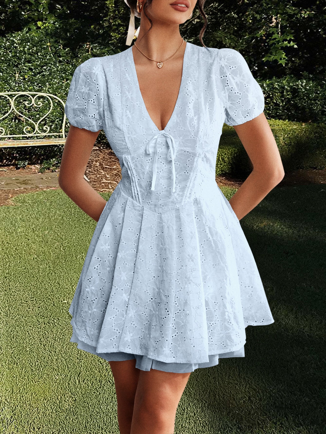 Spring/Summer Women's Elegant Deep-V Hollow Short Dress 9