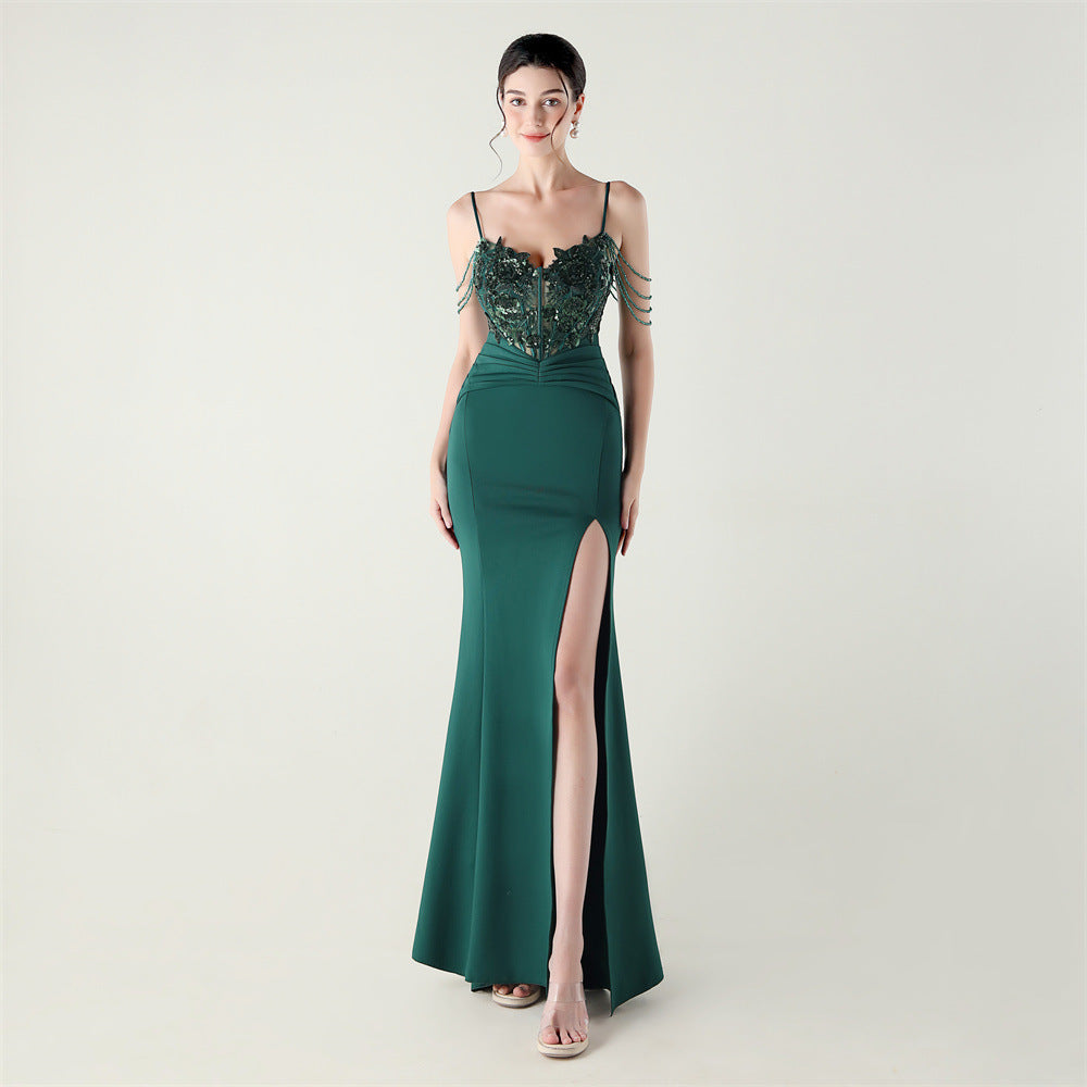 Women Applique Beaded Tube Fishbone Pressed Beaded Off-shoulder Sexy Evening Dress 18