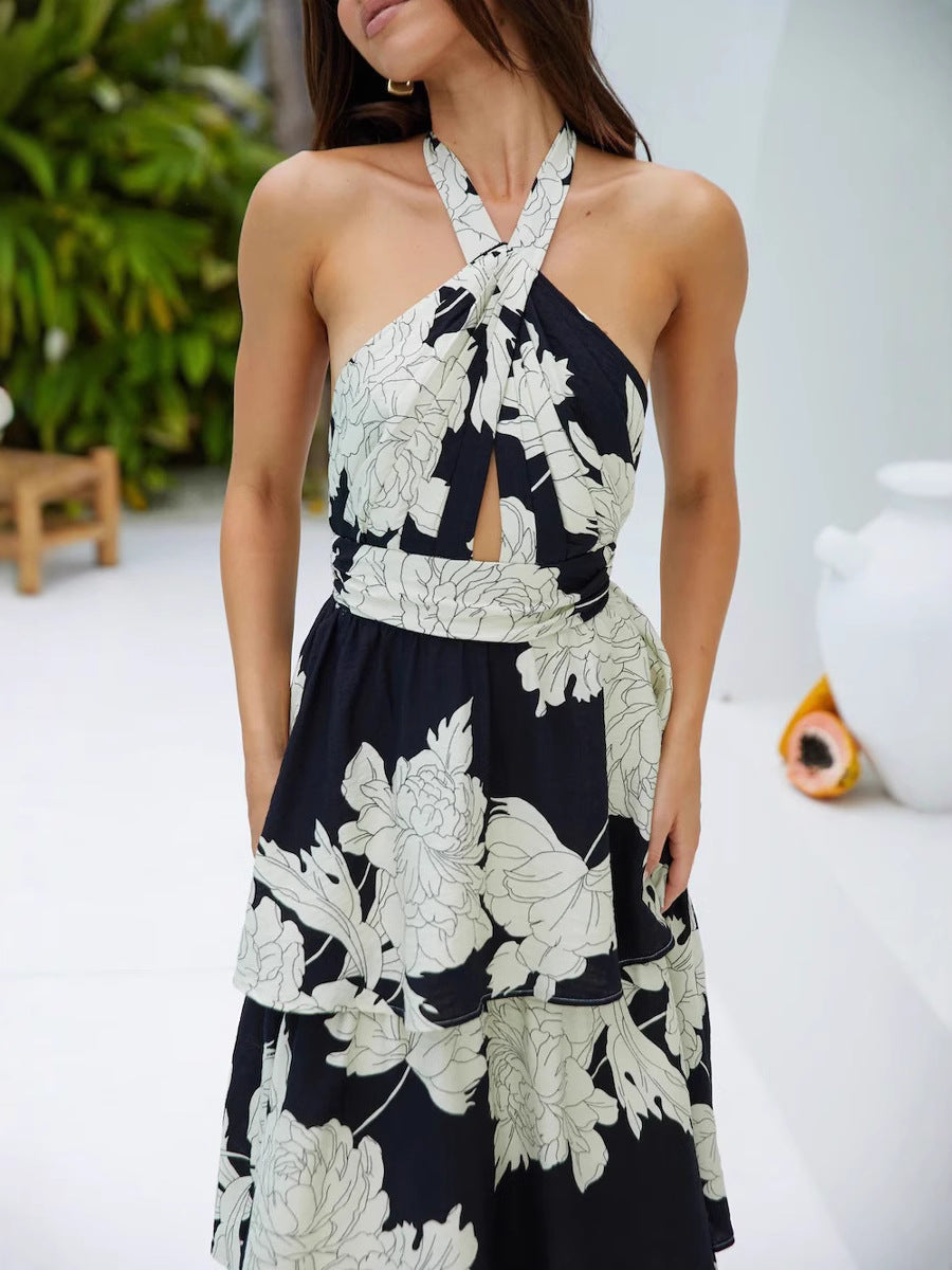 Women Spring Summer Sexy Printed Cascading Ruffles Dress 4