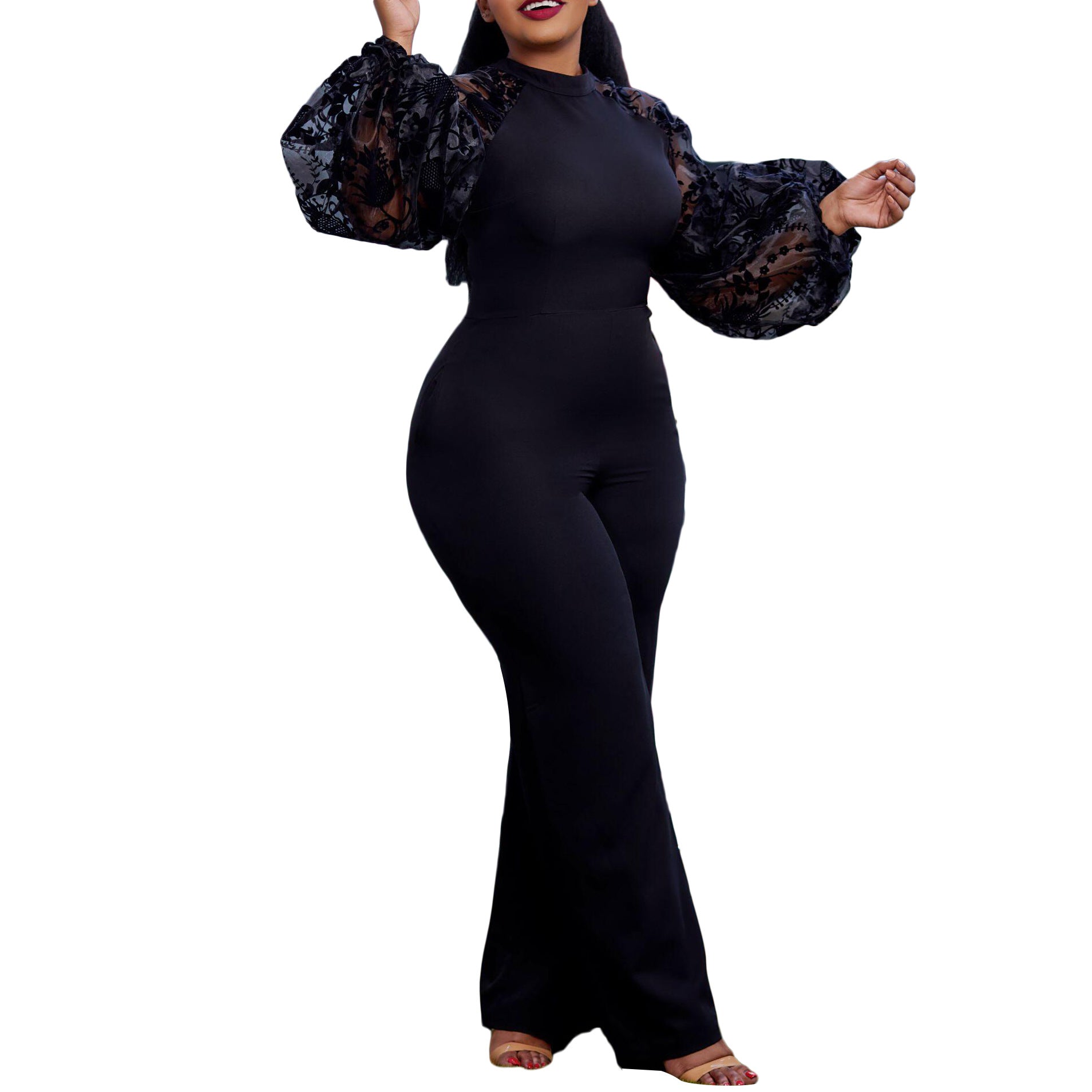 Plus Size Women Loose Patchwork Puff Sleeve Wide Leg Jumpsuit with Belt 6