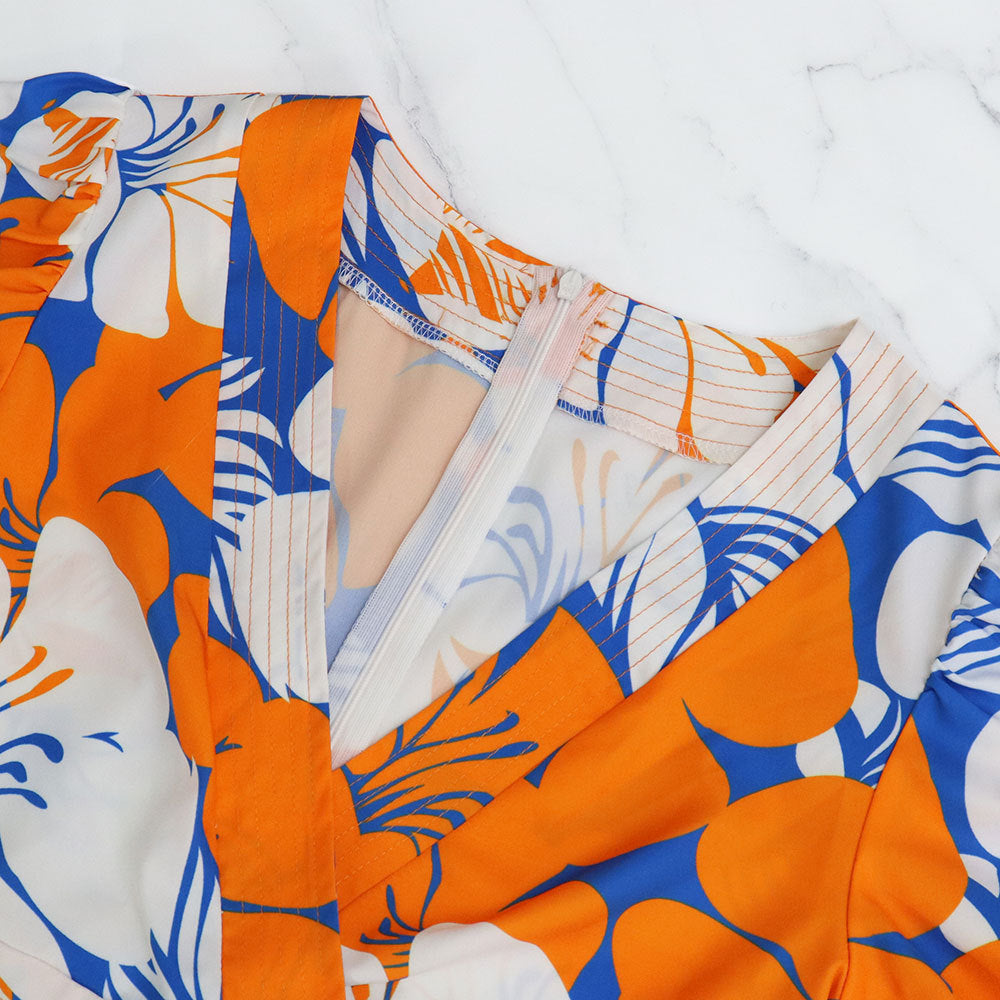 Plus Size Women V-neck Chic Bubble Short Sleeve Print Dress 6