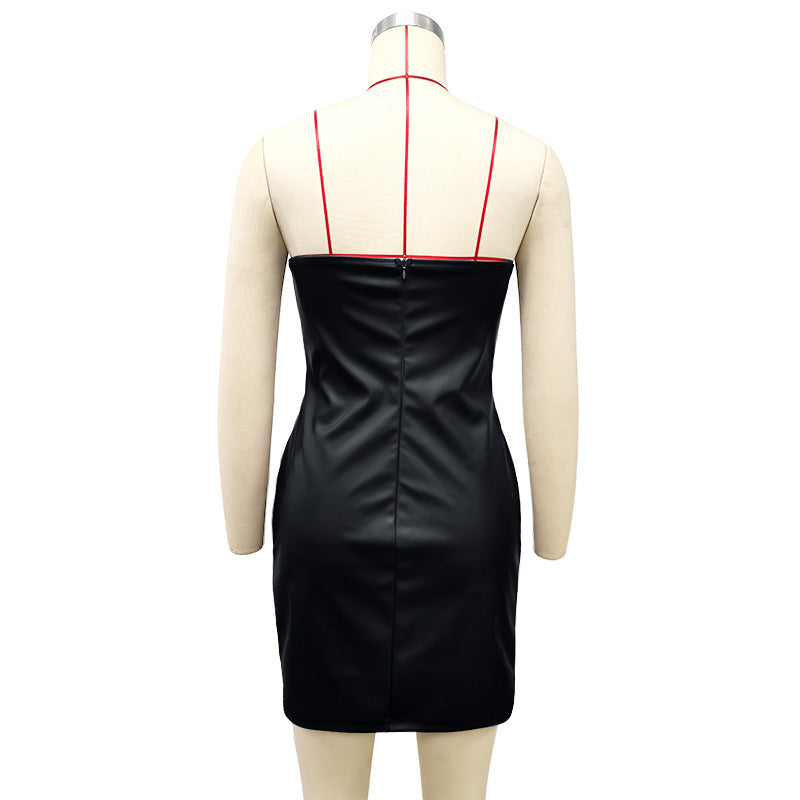 Women Strapless Sexy Bodycon Pu-Leather Dress 17