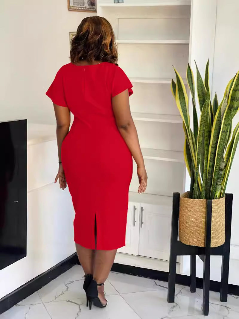 Women Solid Stud Diamond Round Neck Slit Dress 4