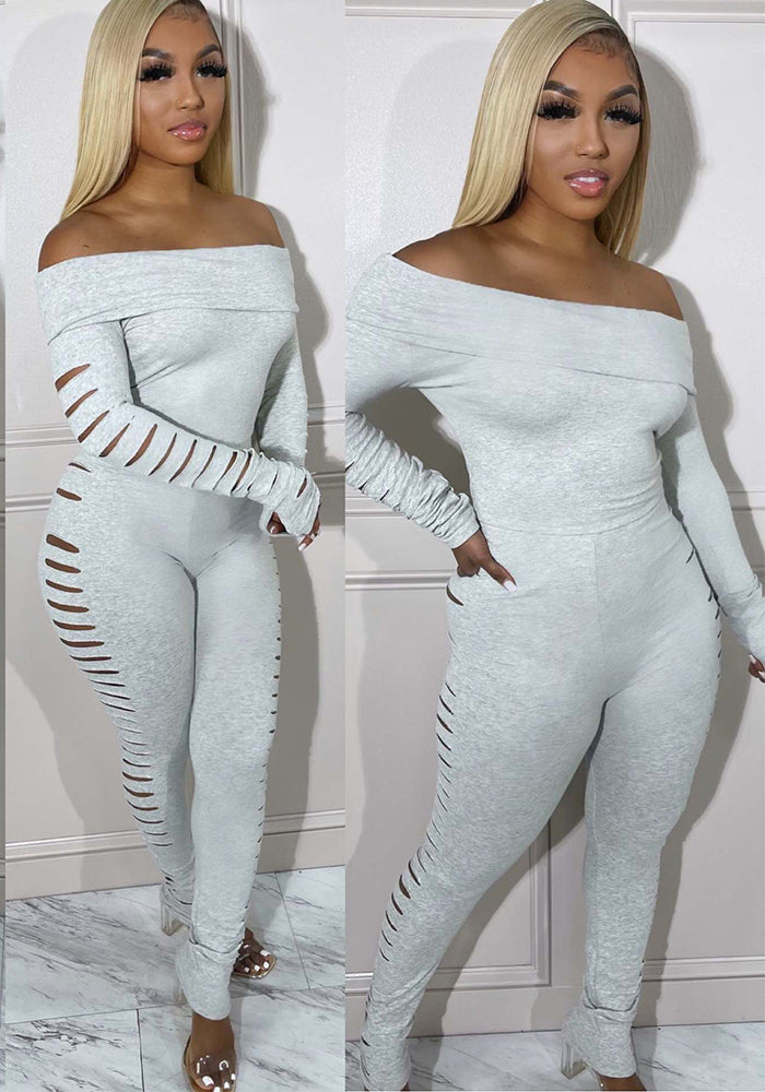 Women Off Shoulder long sleeve sexy Ripped Jumpsuit