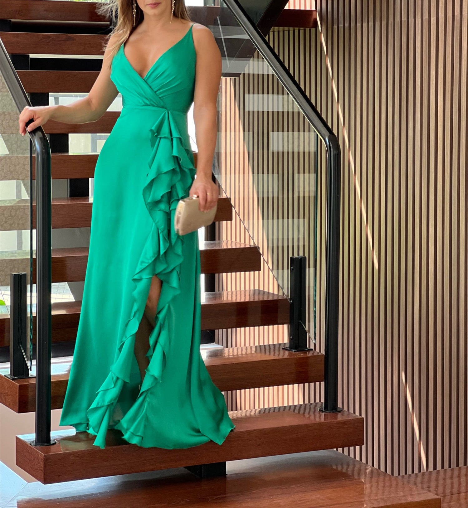 Women Summer Sling V-Neck High Waist Ruffle Irregular Slit Long Skirt 5