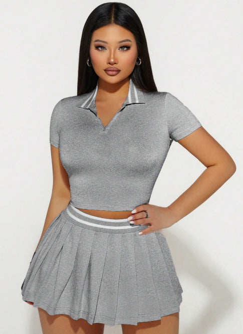 Women's Summer Skirt & Turndown Collar Short-Sleeve Top Two-Piece Set 8