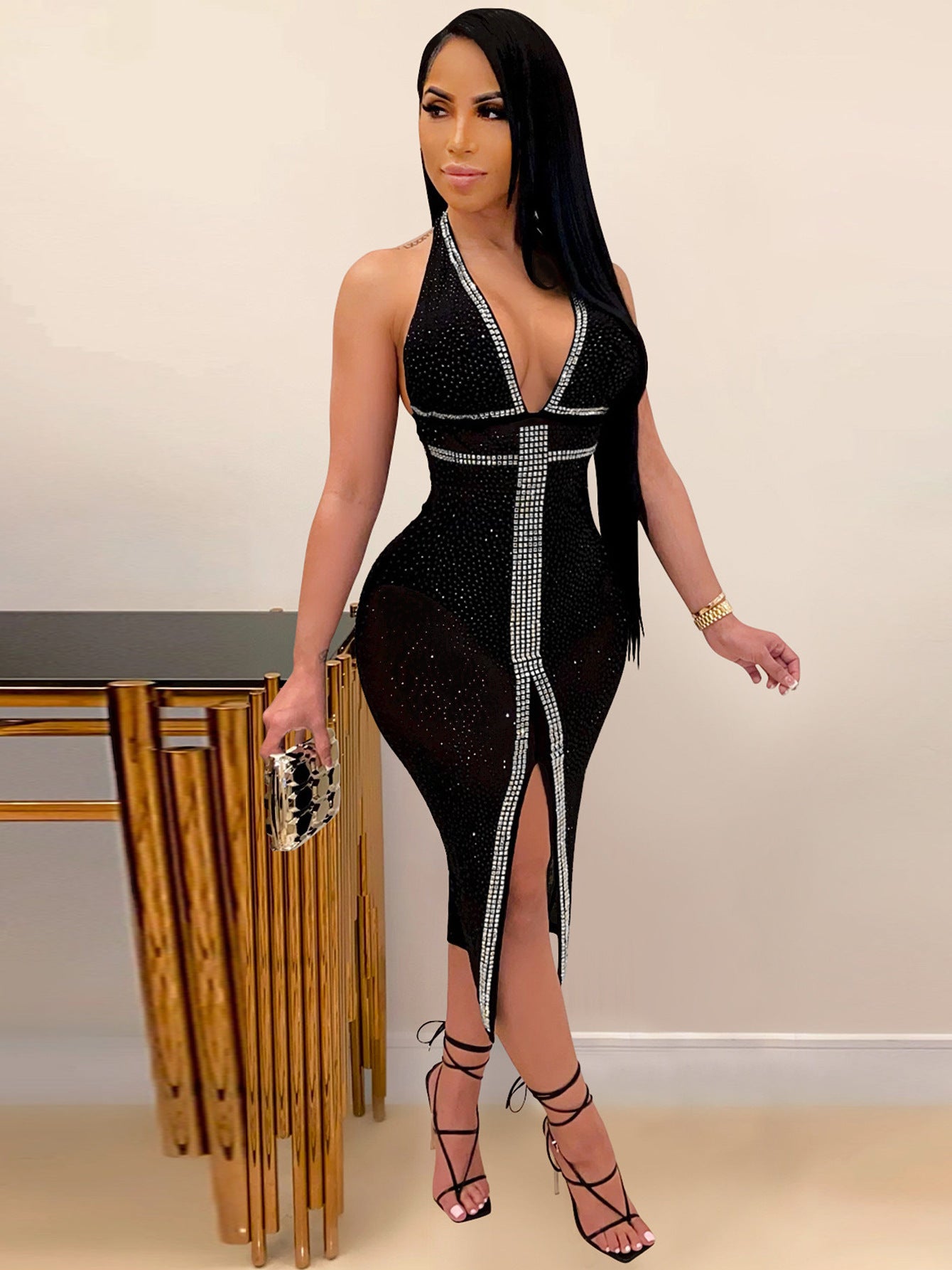 Women Sexy V-Neck Lace-Up Backless Beaded Dress