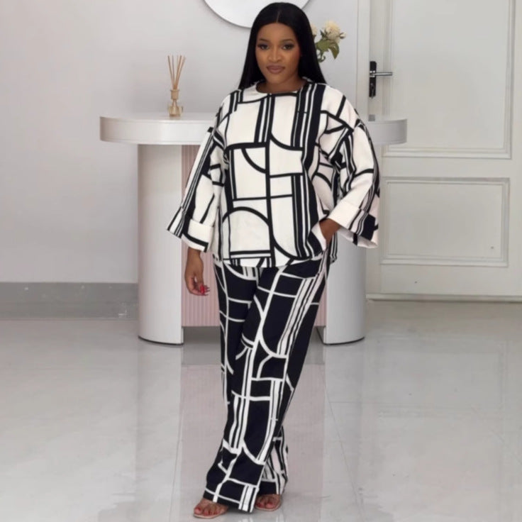 Printed Round Neck Long Sleeve Loose Top Straight Trousers Two-Piece Set 4