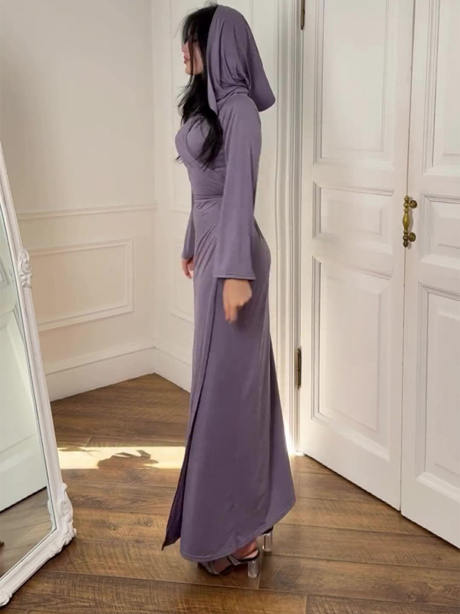 Women's Fashion Hooded Slim Lace-Up Long Sleeve Long Dress 5