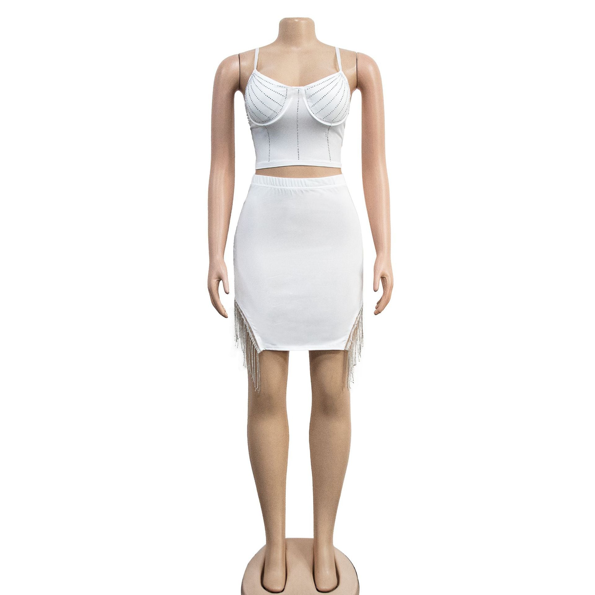 Women's Fashion Beaded Sleeveless Straps Top Tassels Skirt Two-Piece Set 17