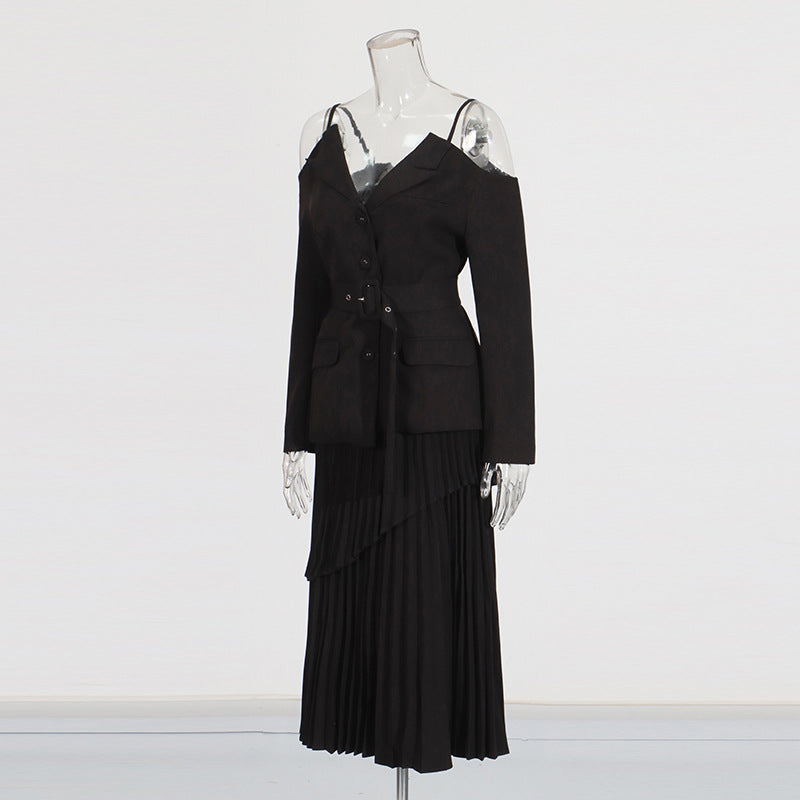 Off-Shoulder Strap Top High-Waist Pleated Skirt Two Piece Set 5