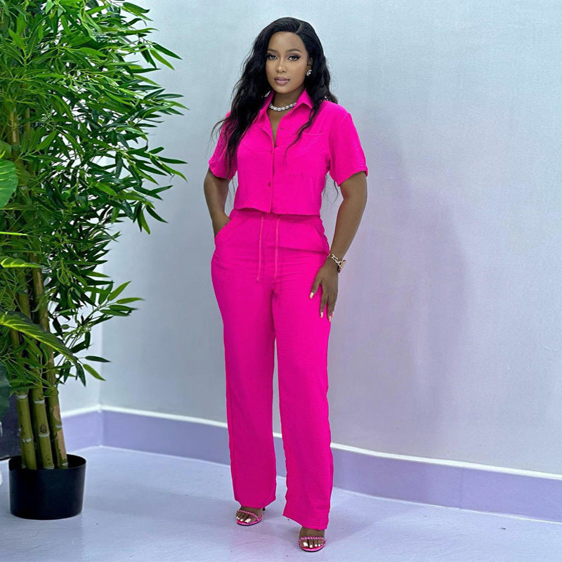 Plus Size Casual African Women Summer Solid Short Sleeve Top and Pant Two-piece Set 7