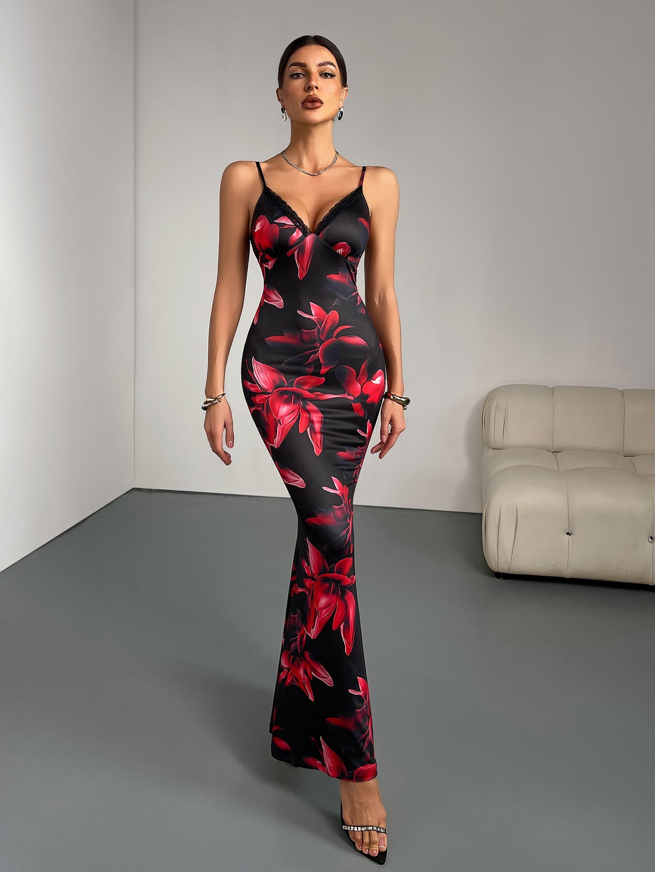 Summer Style Elegant Print V-Neck Strap Bodycon Long Dress
