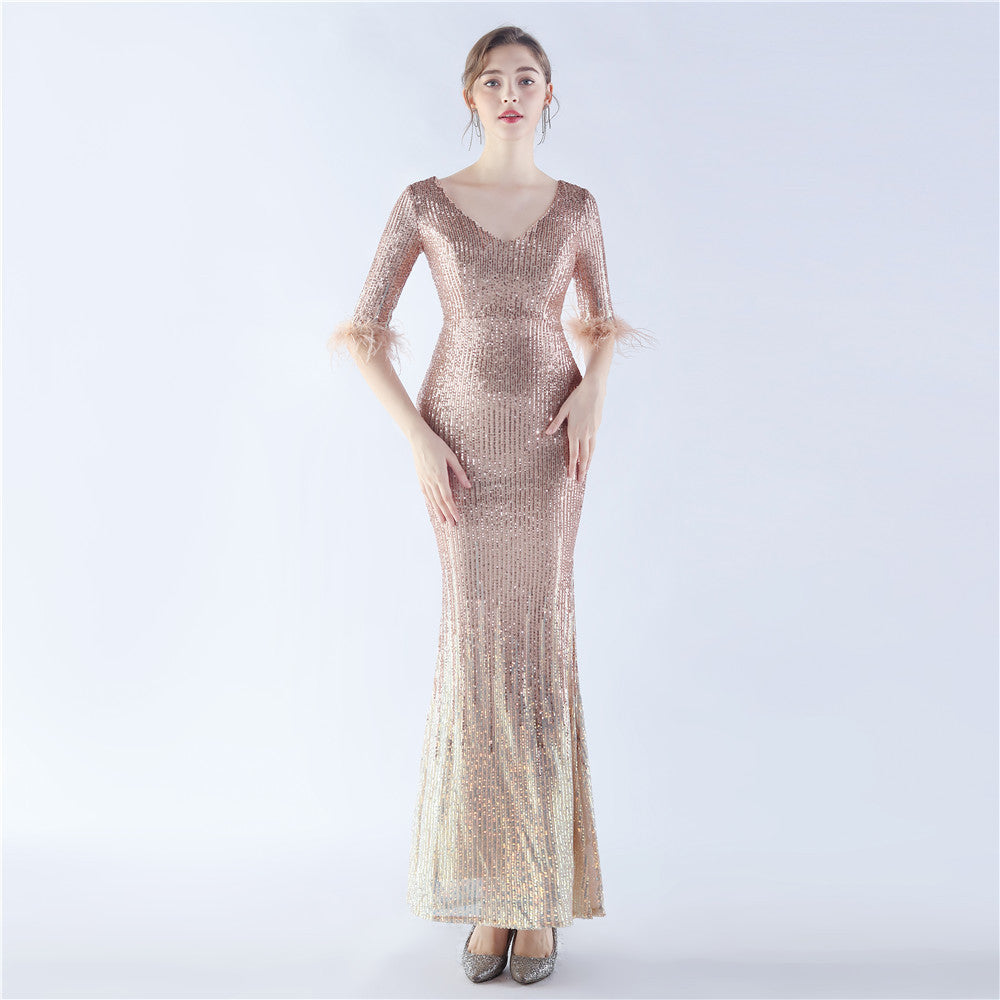 Women ostrich feather gradient sequin half-sleeve evening dress
