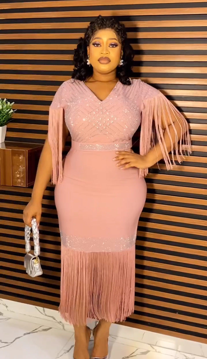 Plus Size Women African Beaded Fringe Dress