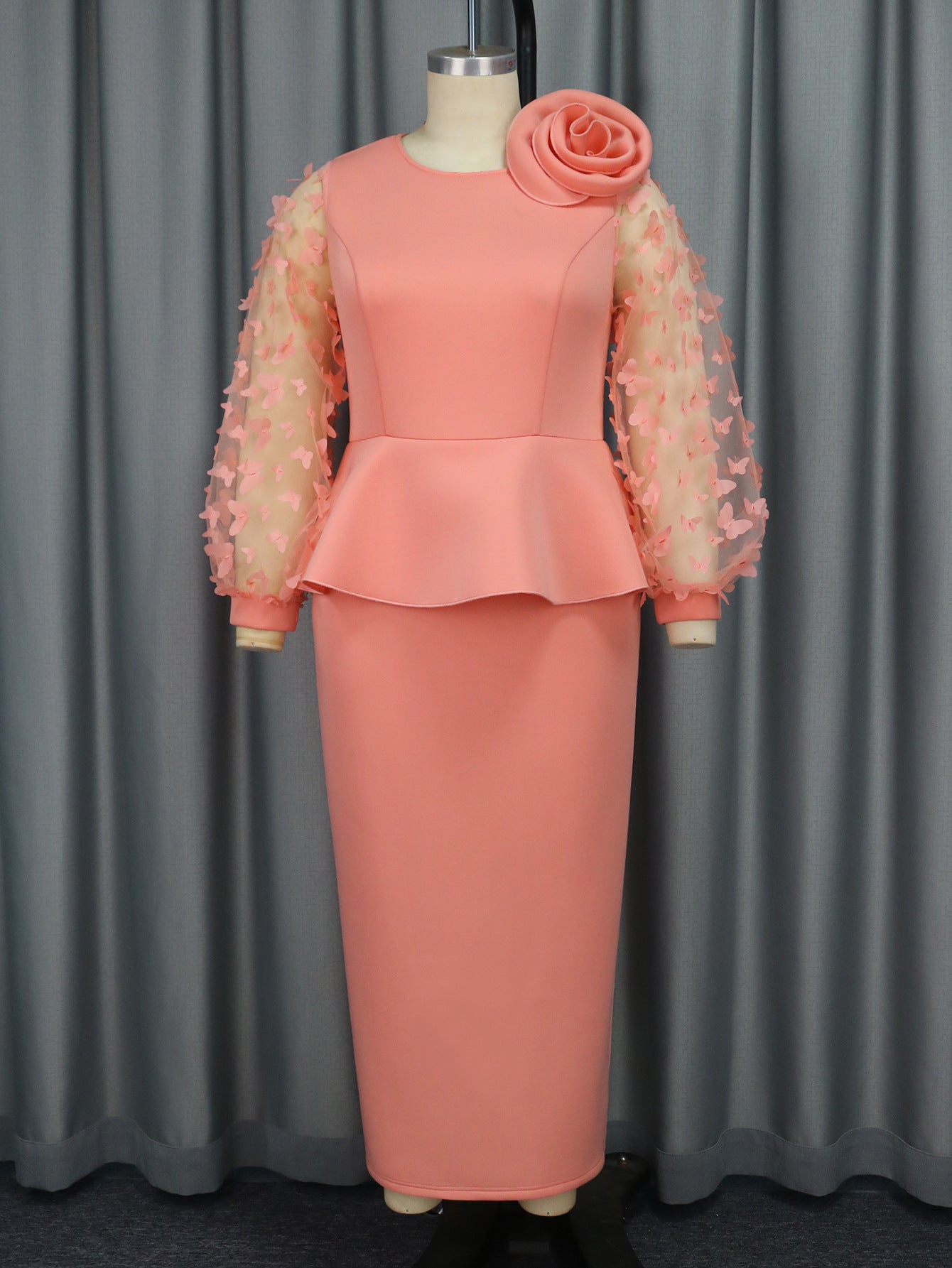 Women Formal Party Pink See-Through Sleeve Dress 3