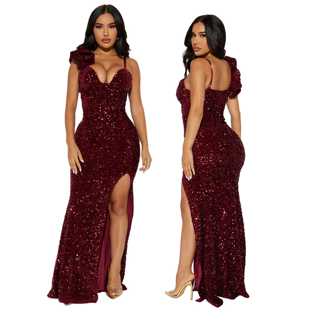 Fashion Women's Clothing Solid Color Strap Sexy Sequin Long Dress Slit Evening Dress 3