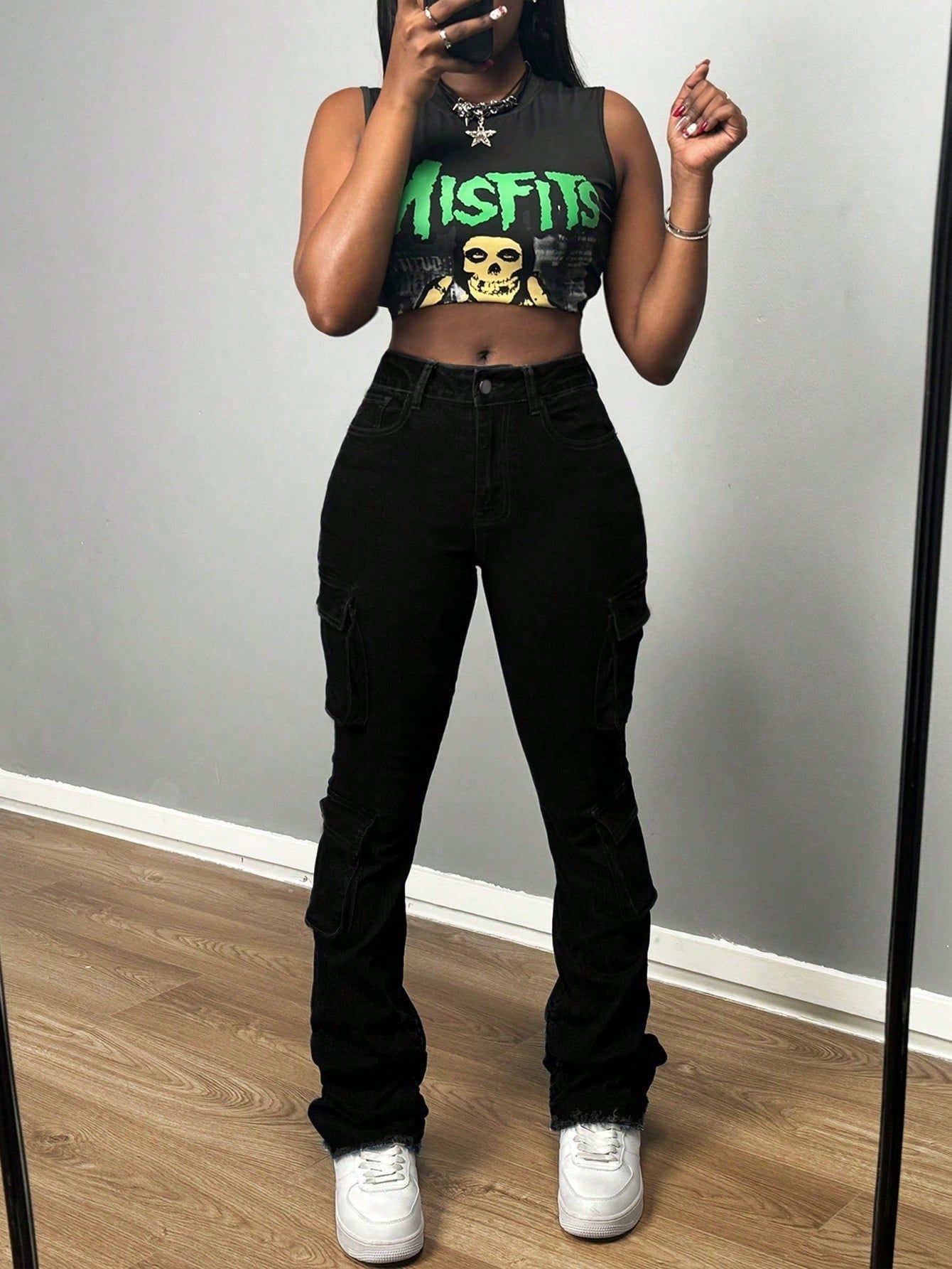 Women Pocket Stretchy Pleated Trousers Denim Trousers